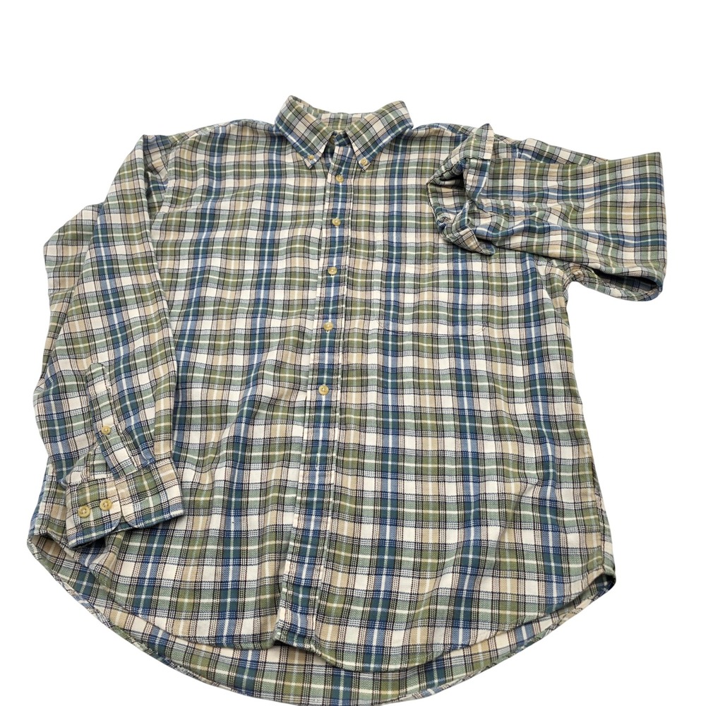 Gulf Trader Button Down Shirt M Med Green Blue Plaid Cotton Long Sleeve Gorpcore